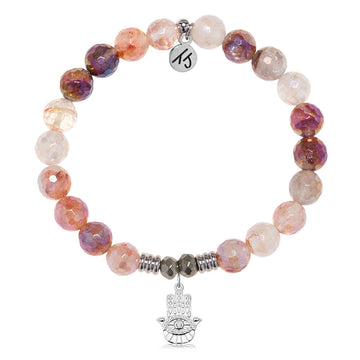 Strawberry Quartz Gemstone Bracelet with Hamsa Hand Sterling Silver Charm